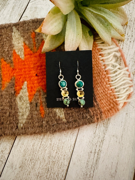 Handcrafted Turquoise, Quartz & Sterling Silver Dangle Earrings
