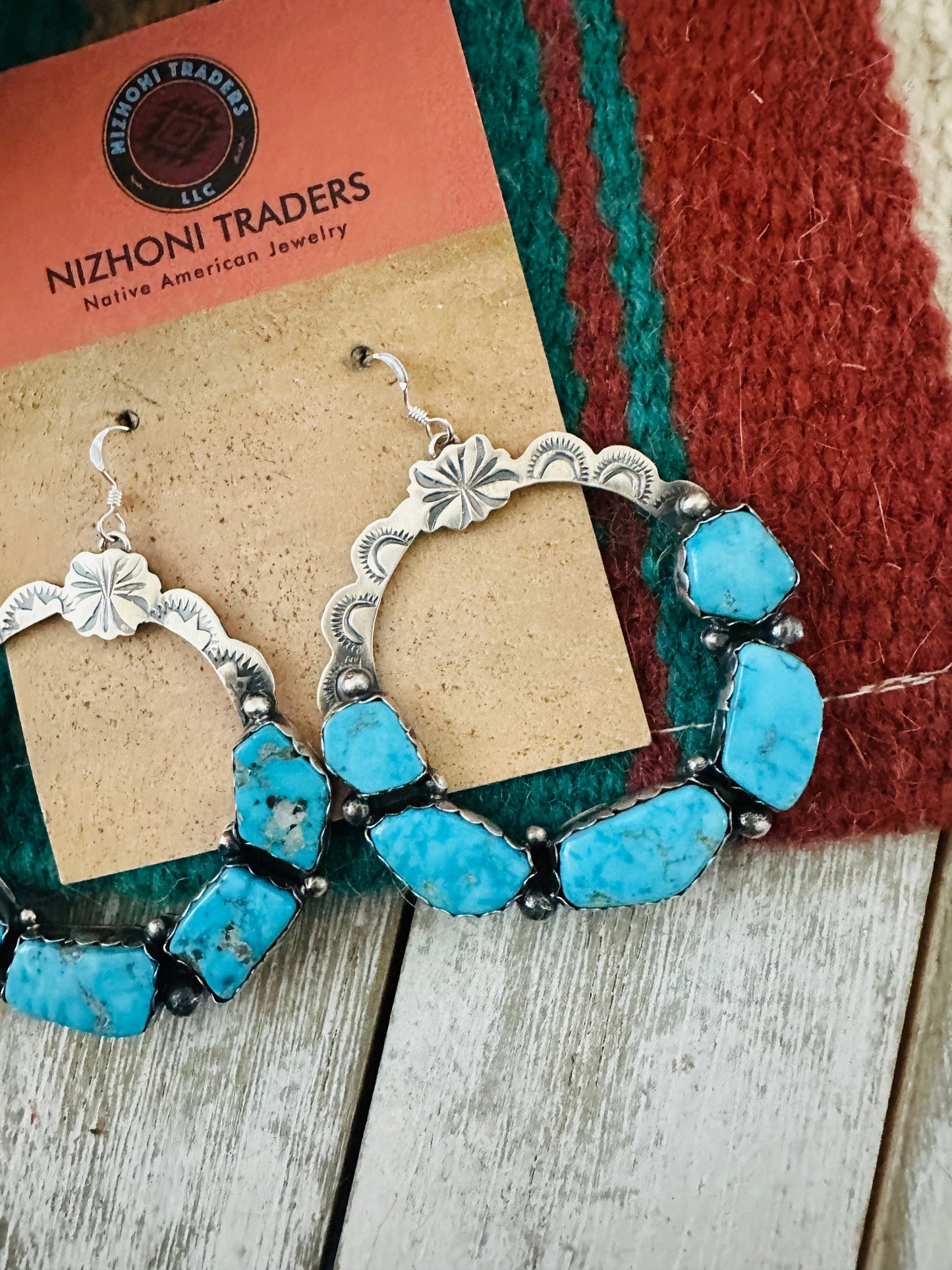 Handcrafted Turquoise & Sterling Silver Dangle Hoop Earrings
