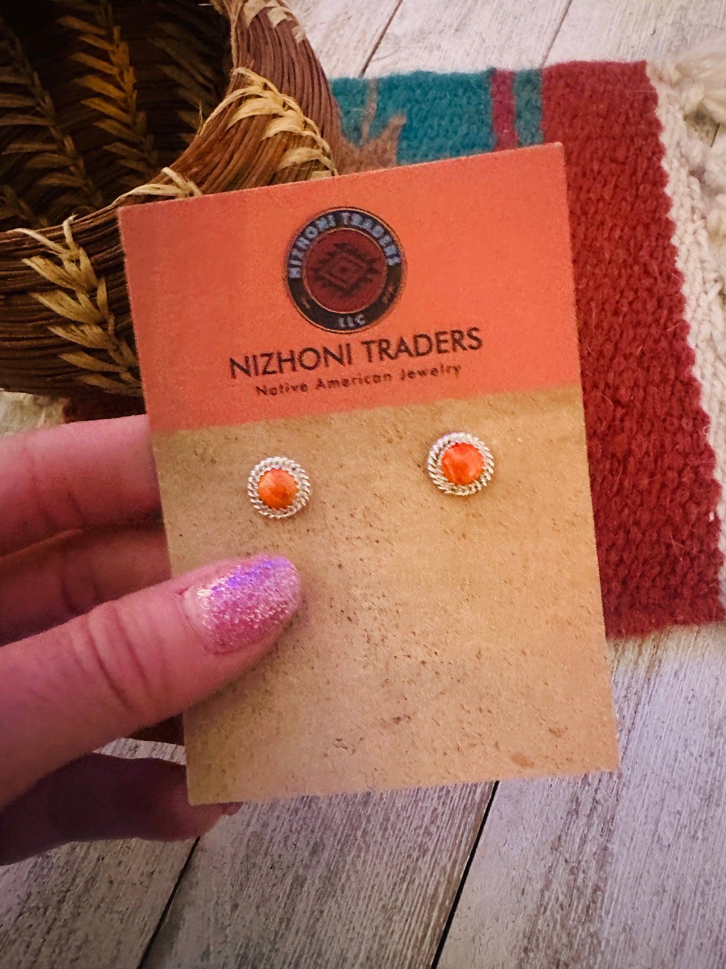 Navajo Orange Spiny and Sterling Silver Stud Earrings