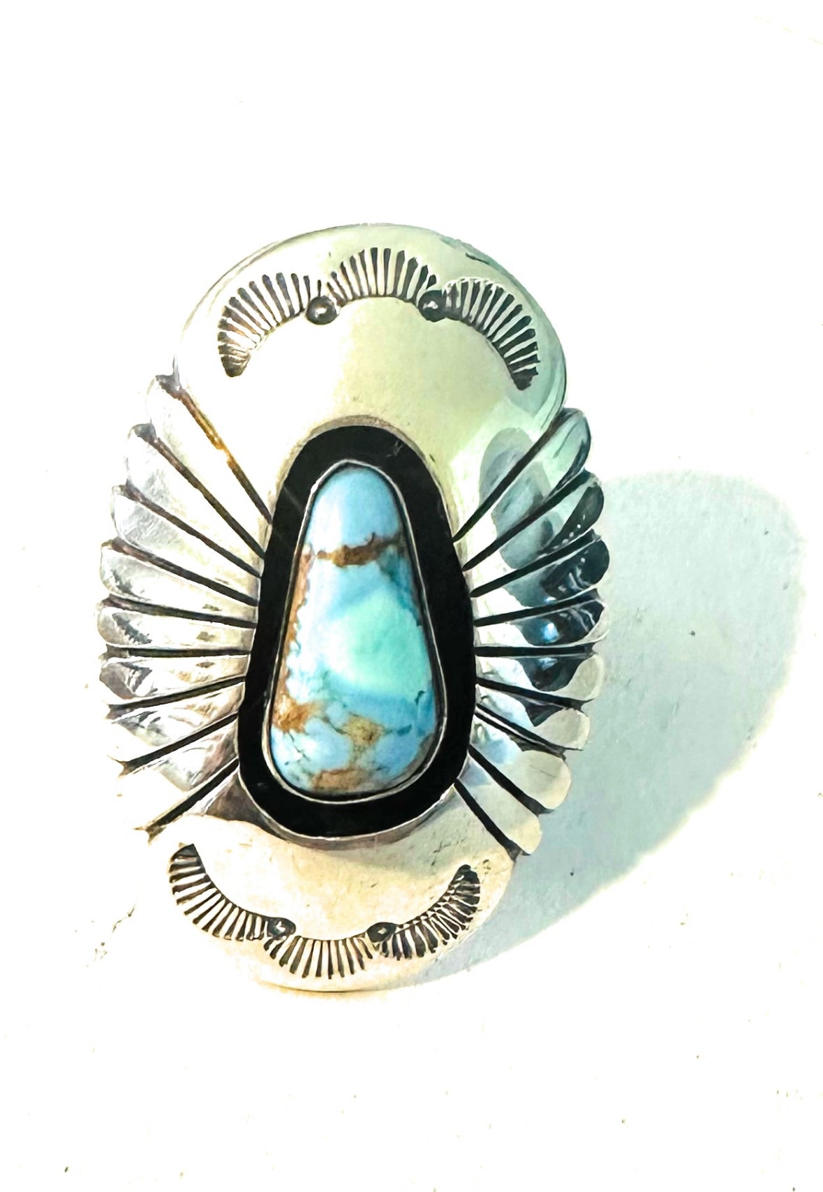 Navajo Golden Hills Turquoise & Sterling Silver Shadowbox Ring Size 7.5