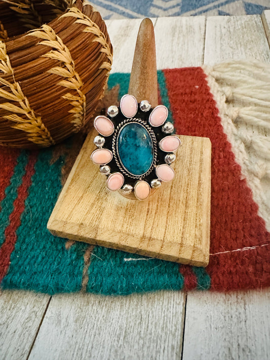 Handcrafted Sterling Silver, Queen Pink Conch & Turquoise Cluster Adjustable Ring