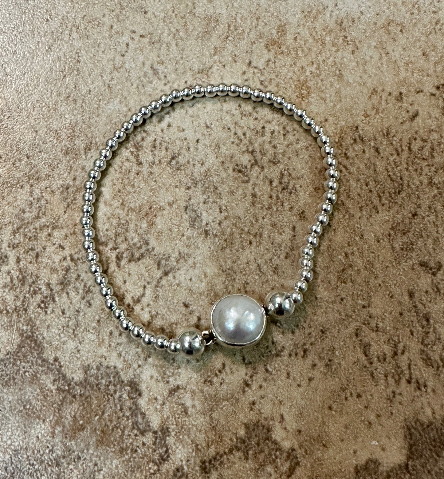 Beaded Stretch Sterling Silver Bracelet w/ Pearl Center
