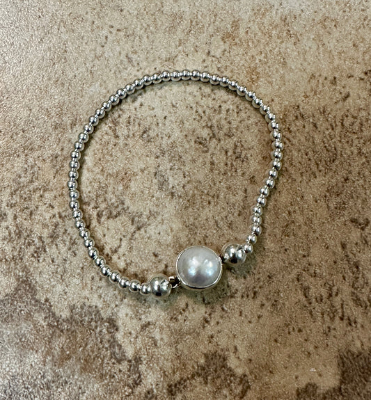 Beaded Stretch Sterling Silver Bracelet w/ Pearl Center