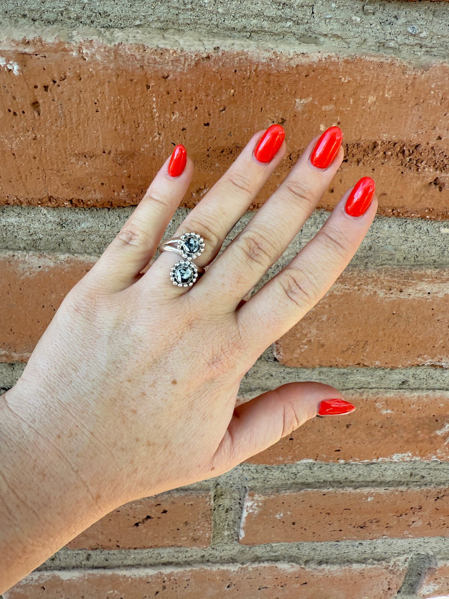 Handmade White Buffalo & Sterling Adjustable 2 Stone Ring