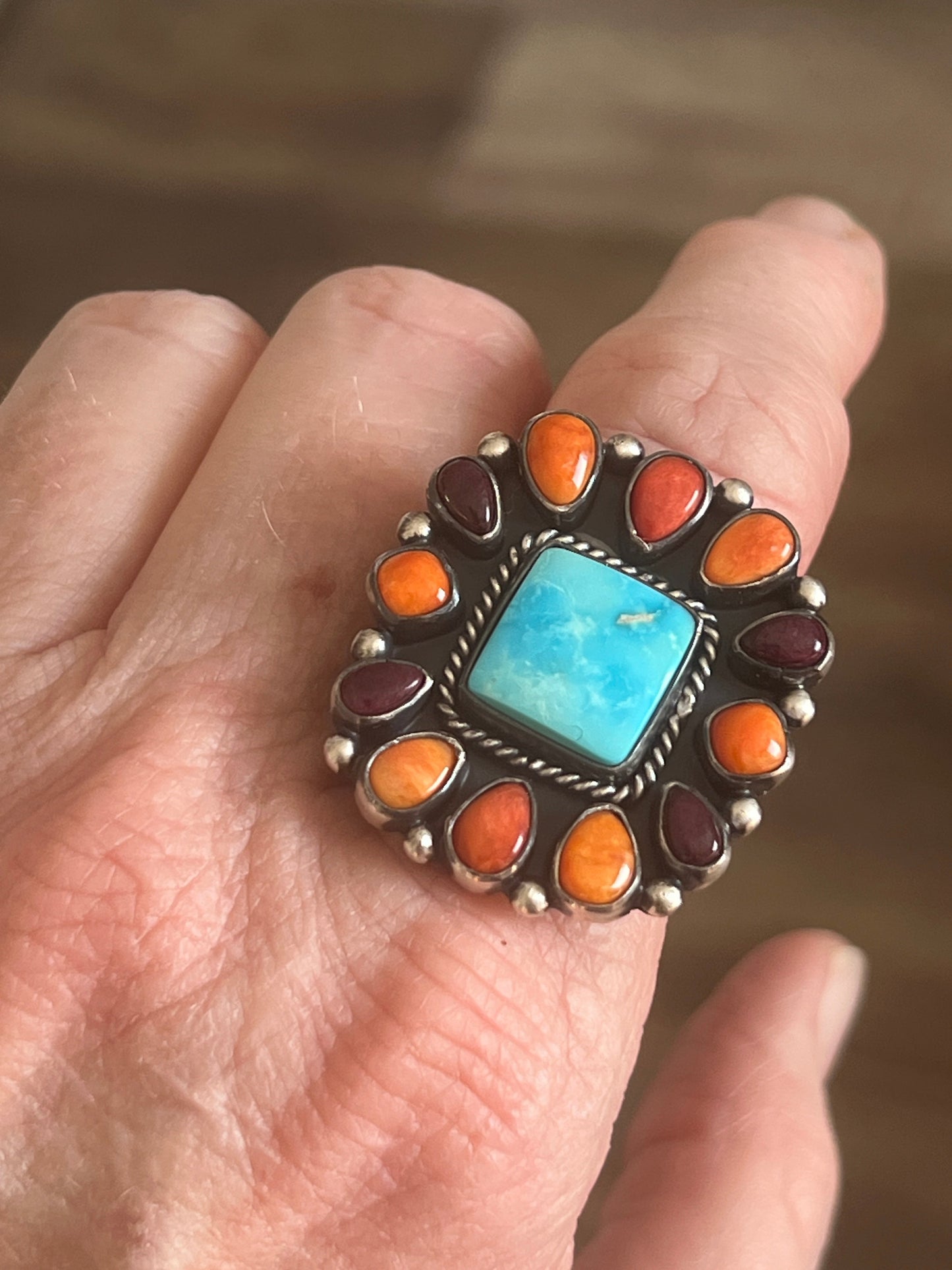 Handcrafted Electric Rainbow Turquoise and Spiny Oyster Ring by Angela Martin and Bernyse Chavez, Size 9