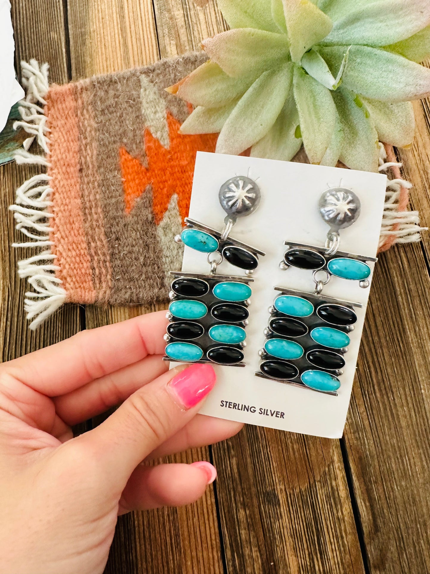 Handcrafted Turquoise, Onyx & Sterling Silver Dangle Earrings