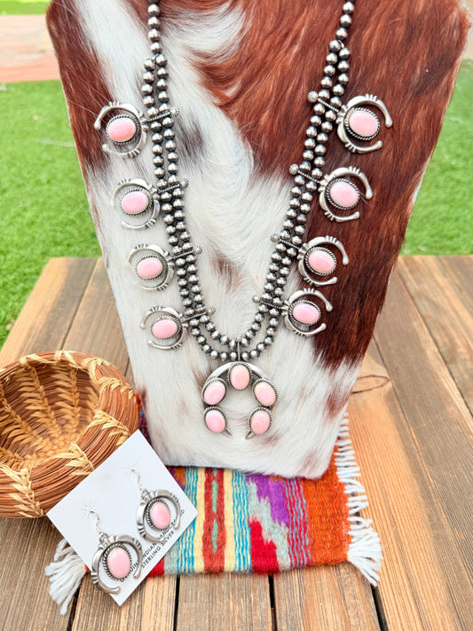Handcrafted Sterling Silver & Queen Pink Conch Squash Blossom Necklace Set