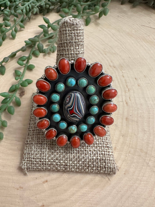 Beautiful Handmade Turquoise, Coral, Fordite And Sterling Silver Adjustable Statement Ring