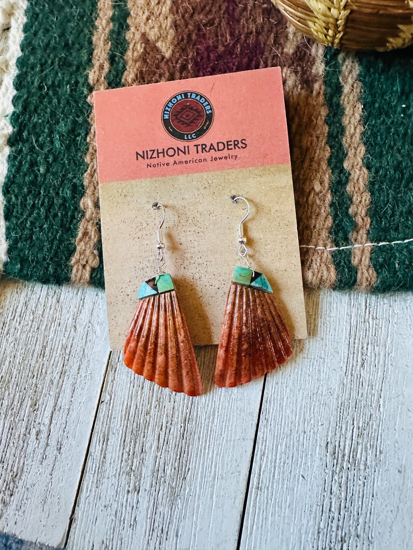 Handcrafted Shell & Turquoise Feather Dangle Earrings