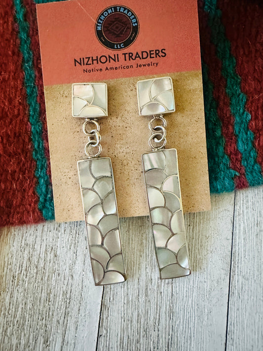 Handcrafted Sterling Silver & Mother of Pearl Inlay Dangle Earrings
