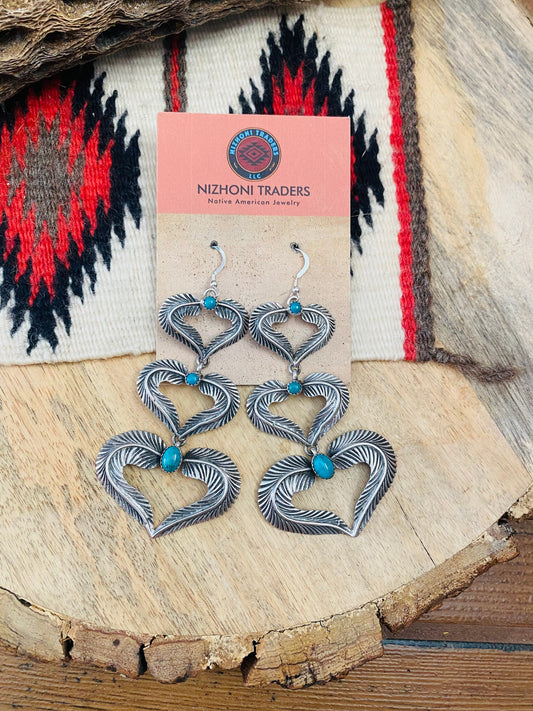 Handcrafted Turquoise & Sterling Silver Feather Heart Dangle Earrings