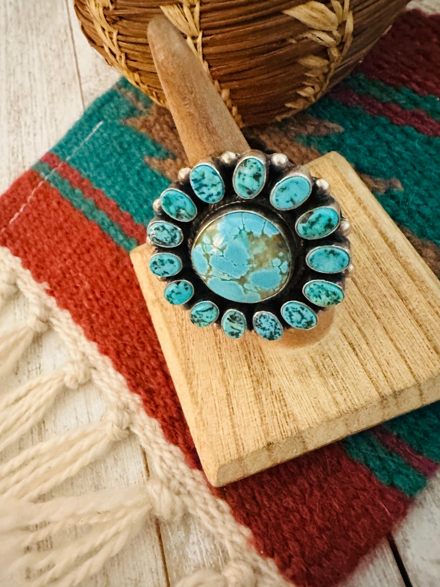Handcrafted Turquoise & Sterling Silver Cluster Ring Size 7.25 by Blaine Yellowhorse