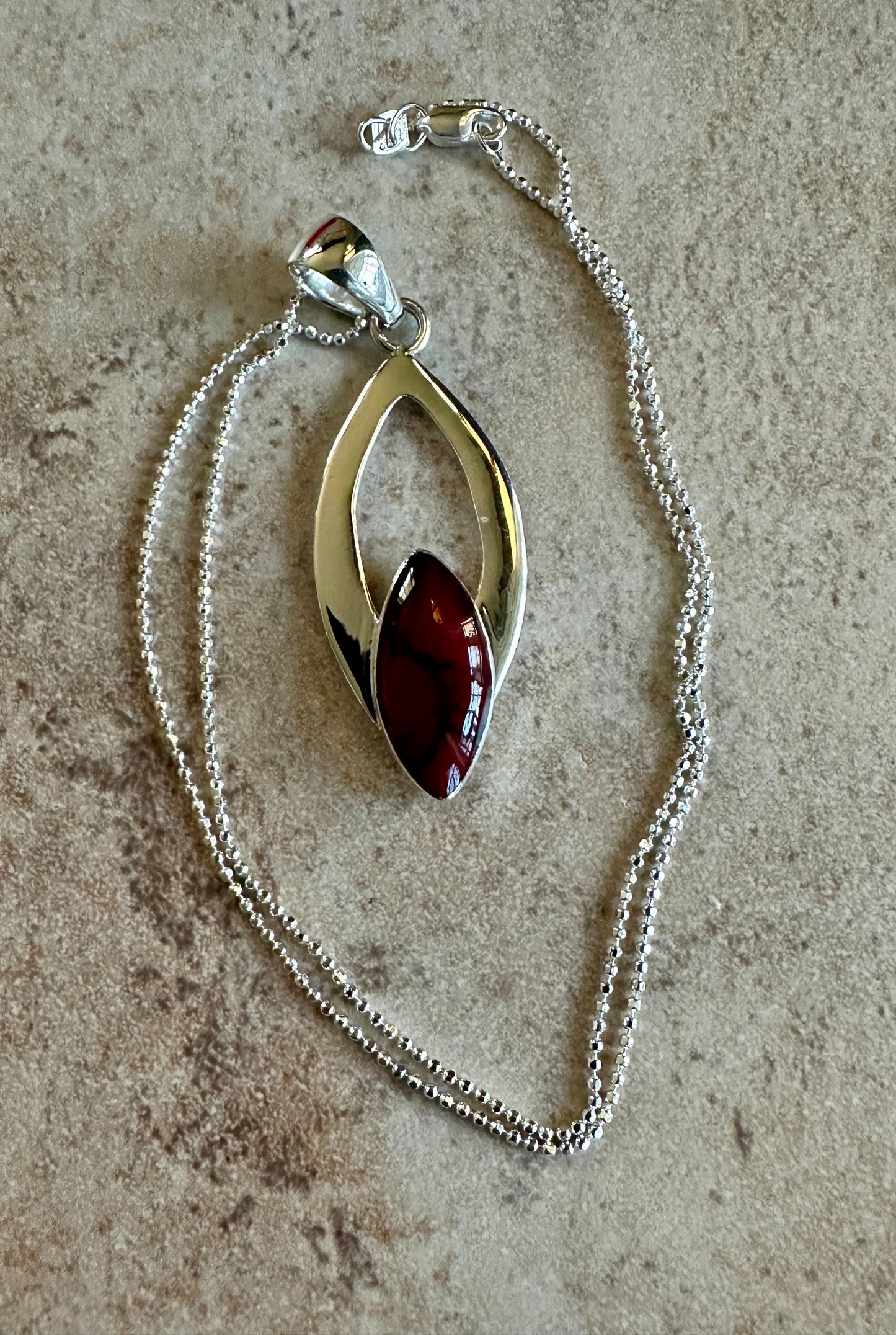 Red Jasper Marquise in Ribbon Sterling Silver Necklace