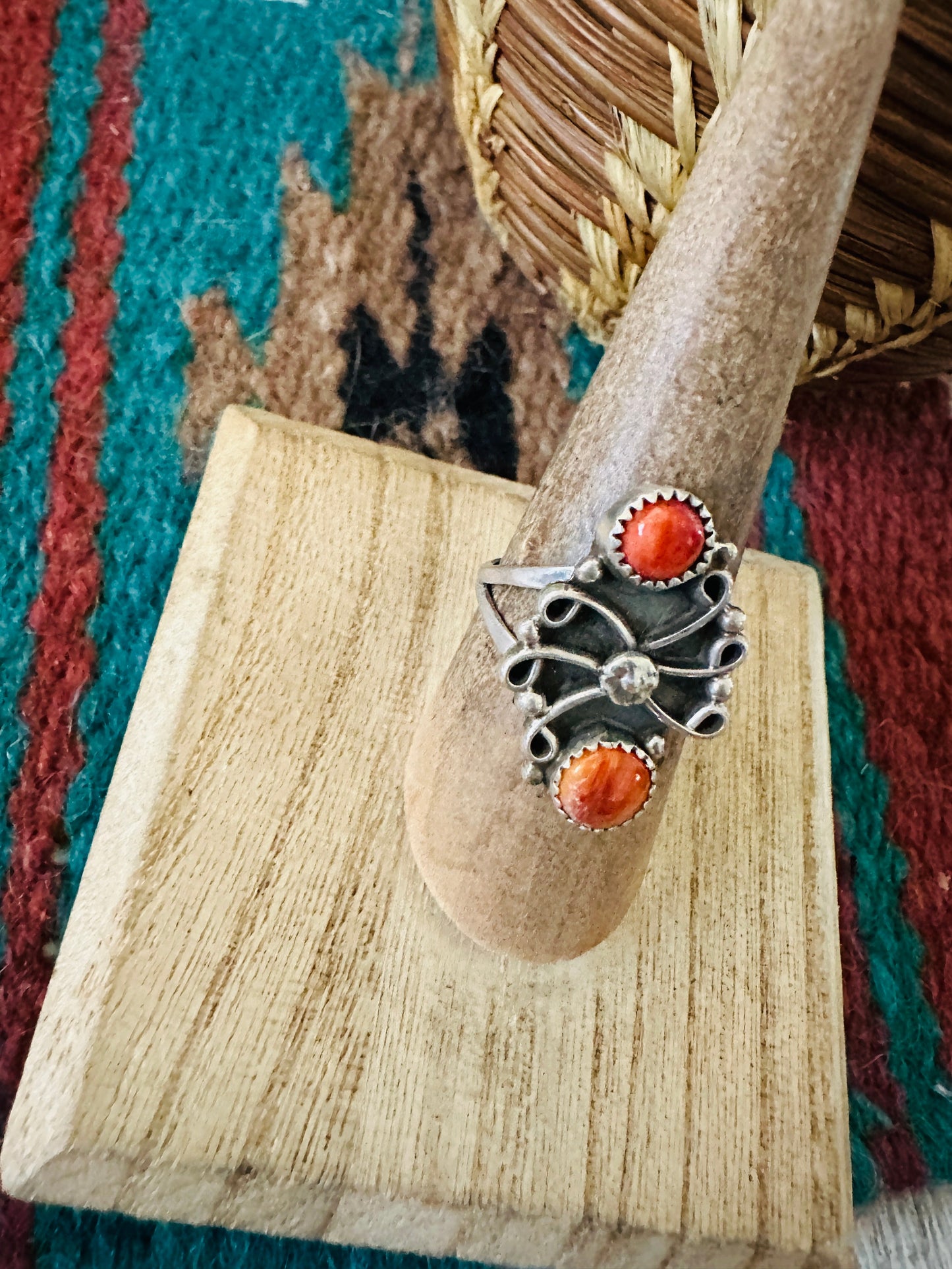 Handcrafted Sterling Silver & Red Spiny Two Stone Ring Size 7