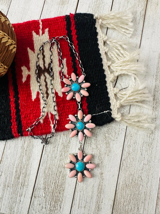 Handcrafted Sterling Silver, Queen Pink Conch & Turquoise Lariat Necklace