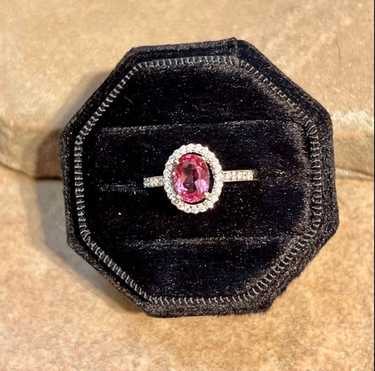 Pink Topaz & CZ Oval Shape Sterling Silver Ring Size 8
