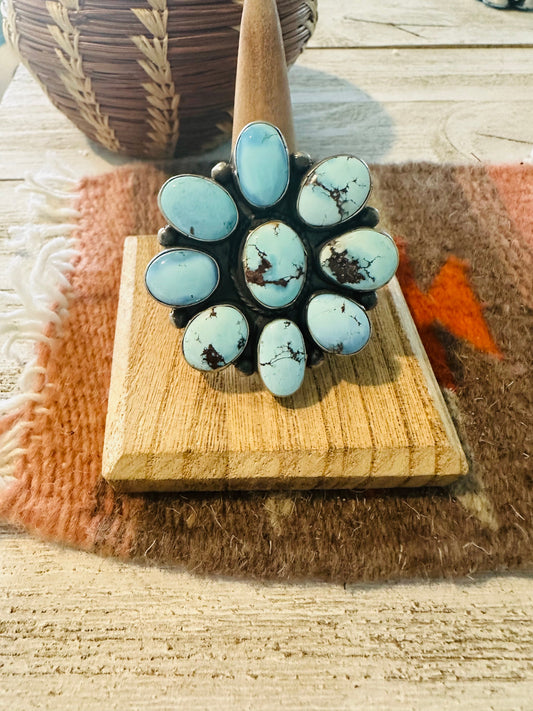 Handcrafted Golden Hills Turquoise & Sterling Silver Cluster Ring Size 9