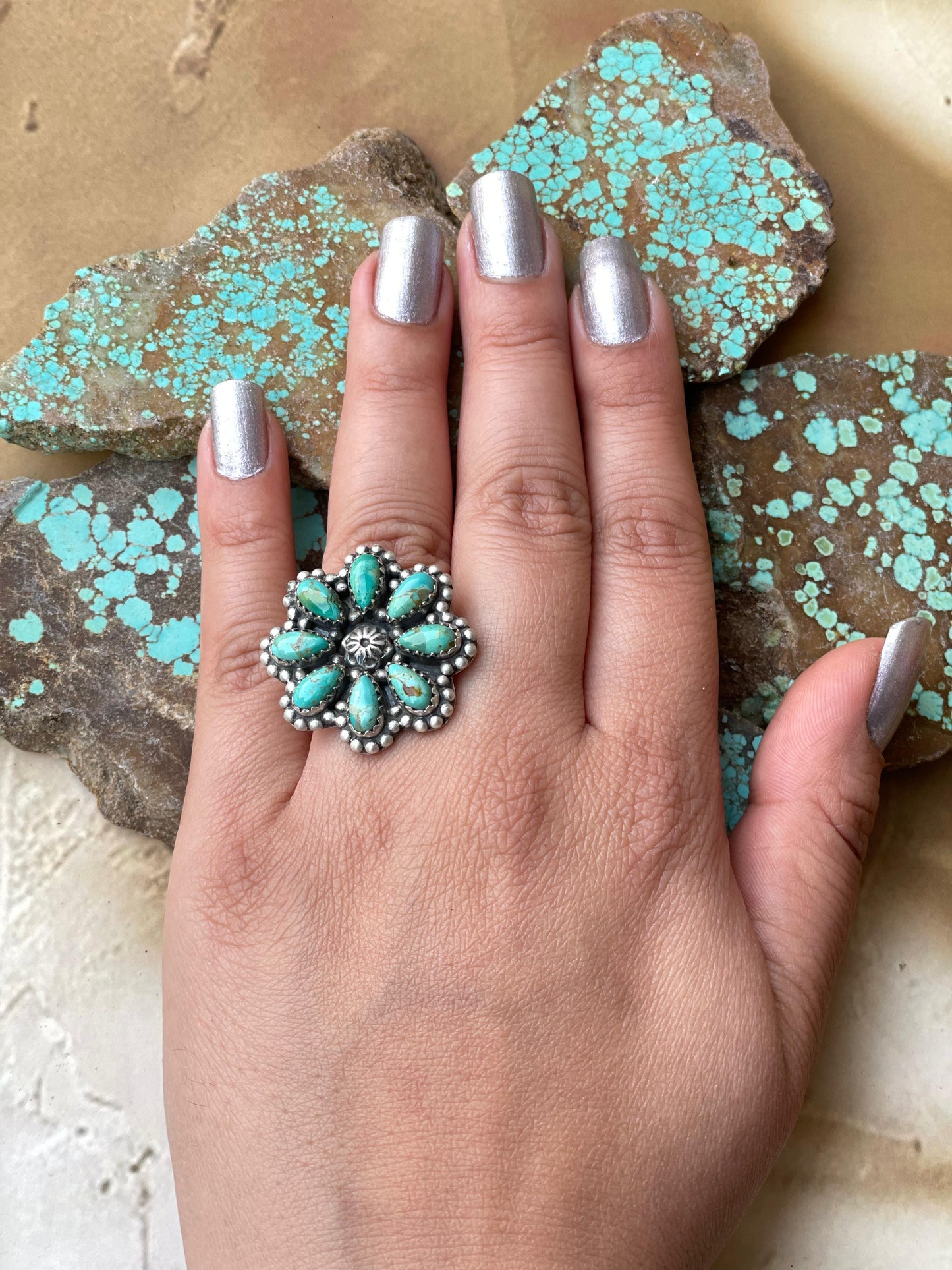 Handmade Turquoise & Sterling Adjustable Flower Ring