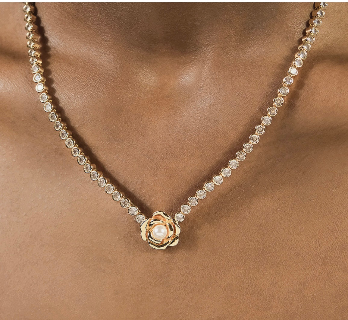 Pearl 14k Gold Flower CZ Tennis Necklace