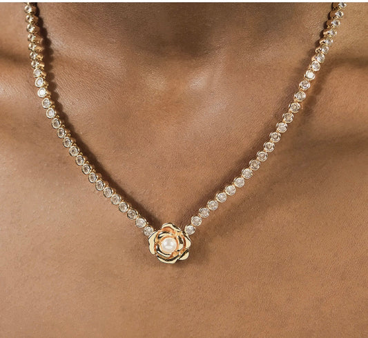 Pearl 14k Gold Flower CZ Tennis Necklace