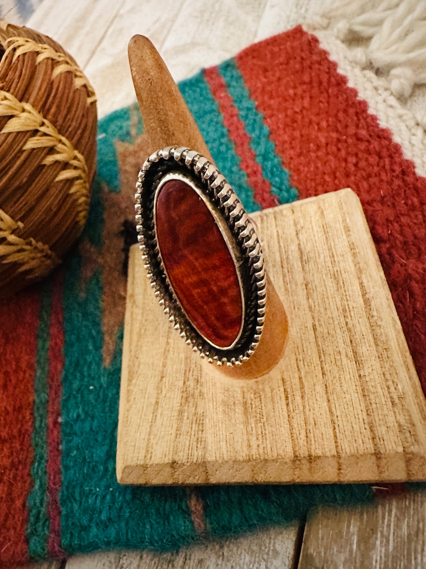 Navajo Sterling Silver & Red Spiny Oyster Adjustable Ring