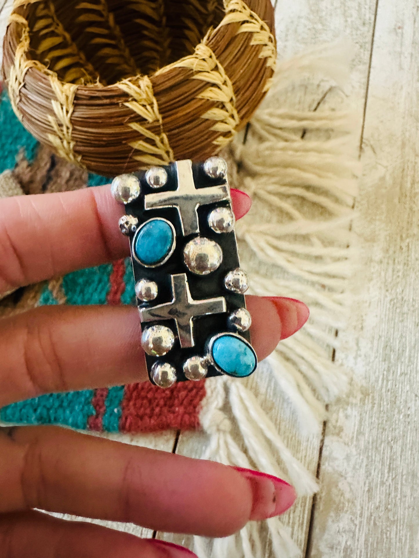 Handcrafted Turquoise & Sterling Silver Cross Ring Chimney Butte Size 8