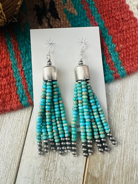 Handcrafted Lighter Turquoise & Sterling Silver Pearl Beaded Tassel Dangle Earrings