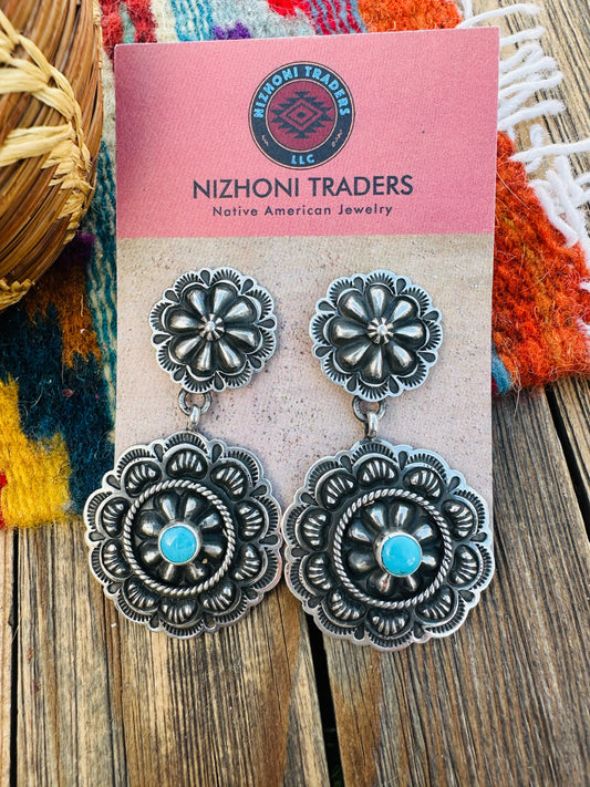 Handcrafted Turquoise & Sterling Silver Concho Dangle Earrings