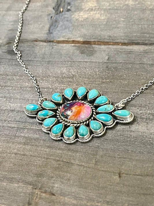 Handmade Sterling Silver, Turquoise & Pink Dream Mojave Necklace