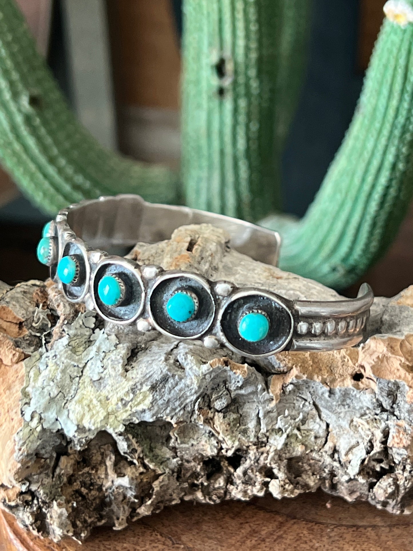 Handcrafted Vintage Sterling Silver and Round Turquoise Panel Stacker Cuff Bracelet