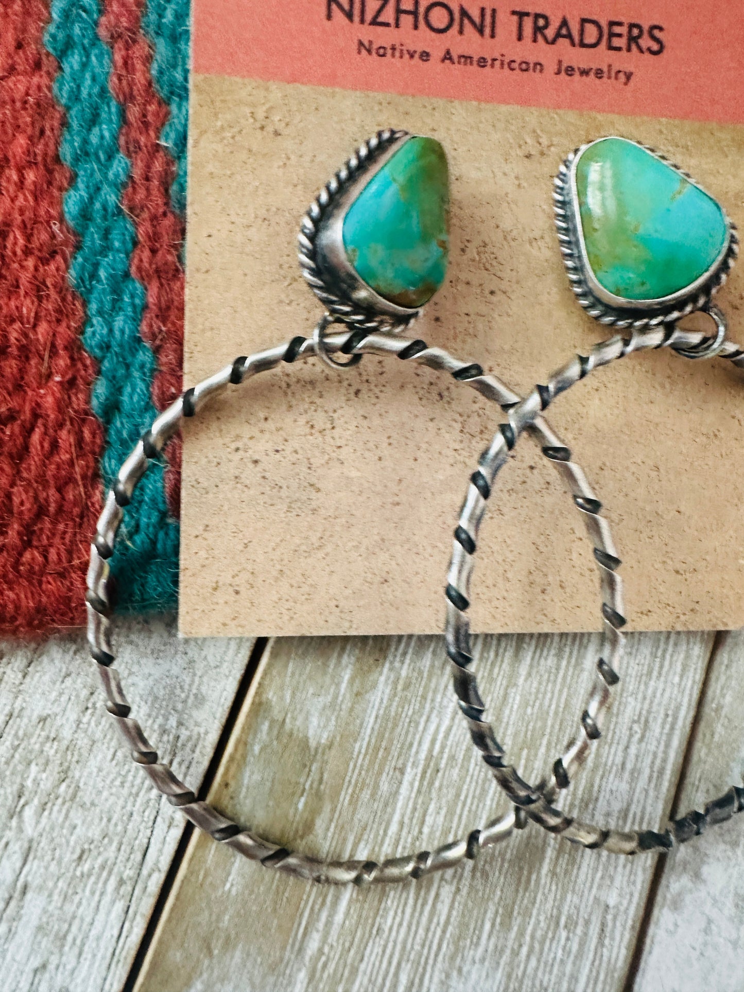 Handcrafted Turquoise and Sterling Silver Dangle Hoop Earrings