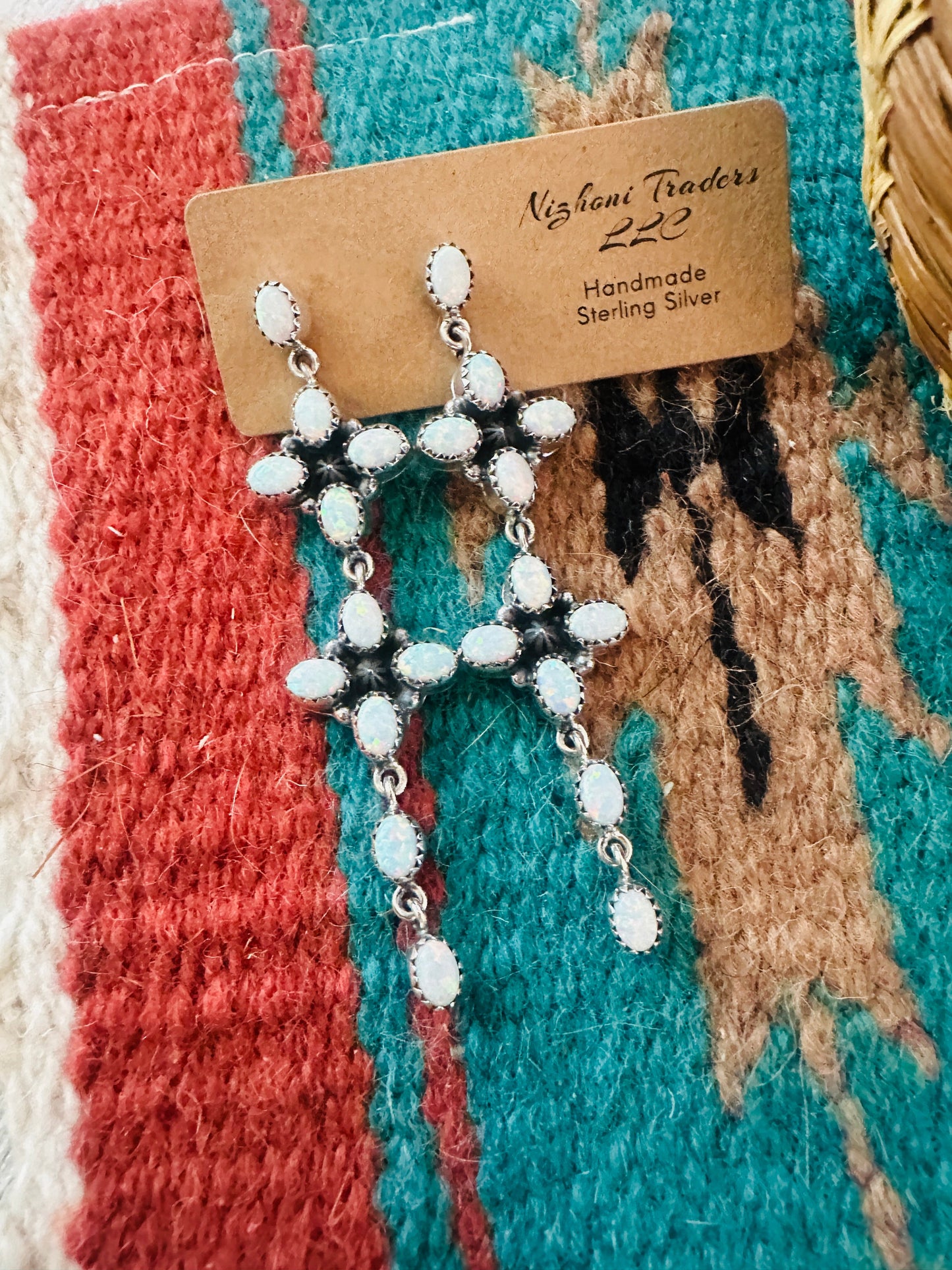 ** Christmas Collection ** Handmade Sterling Silver & Opal Dangle Earrings Signed Nizhoni