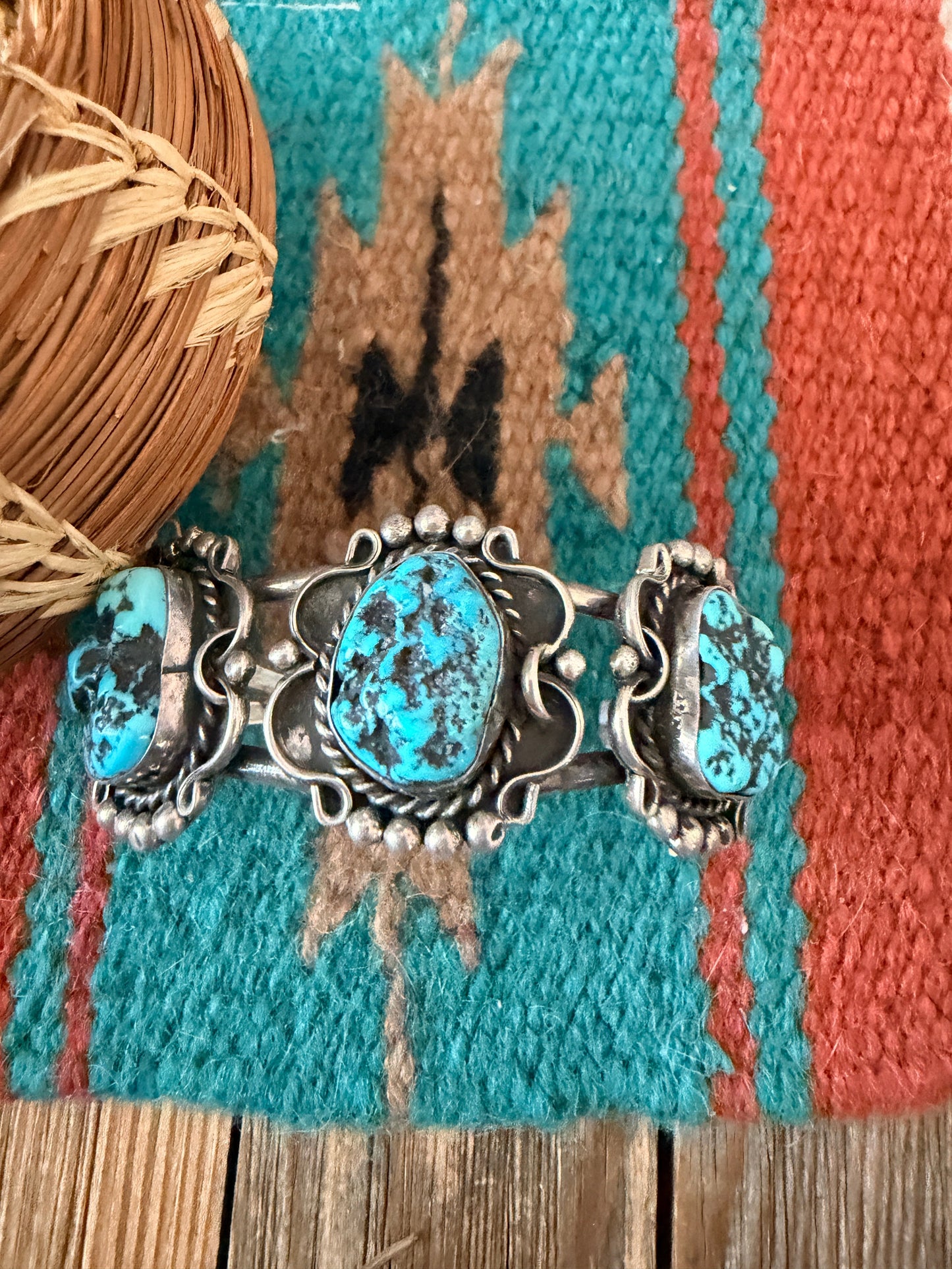 Handcrafted Old Pawn Sterling Silver & Kingman Turquoise Cuff Bracelet