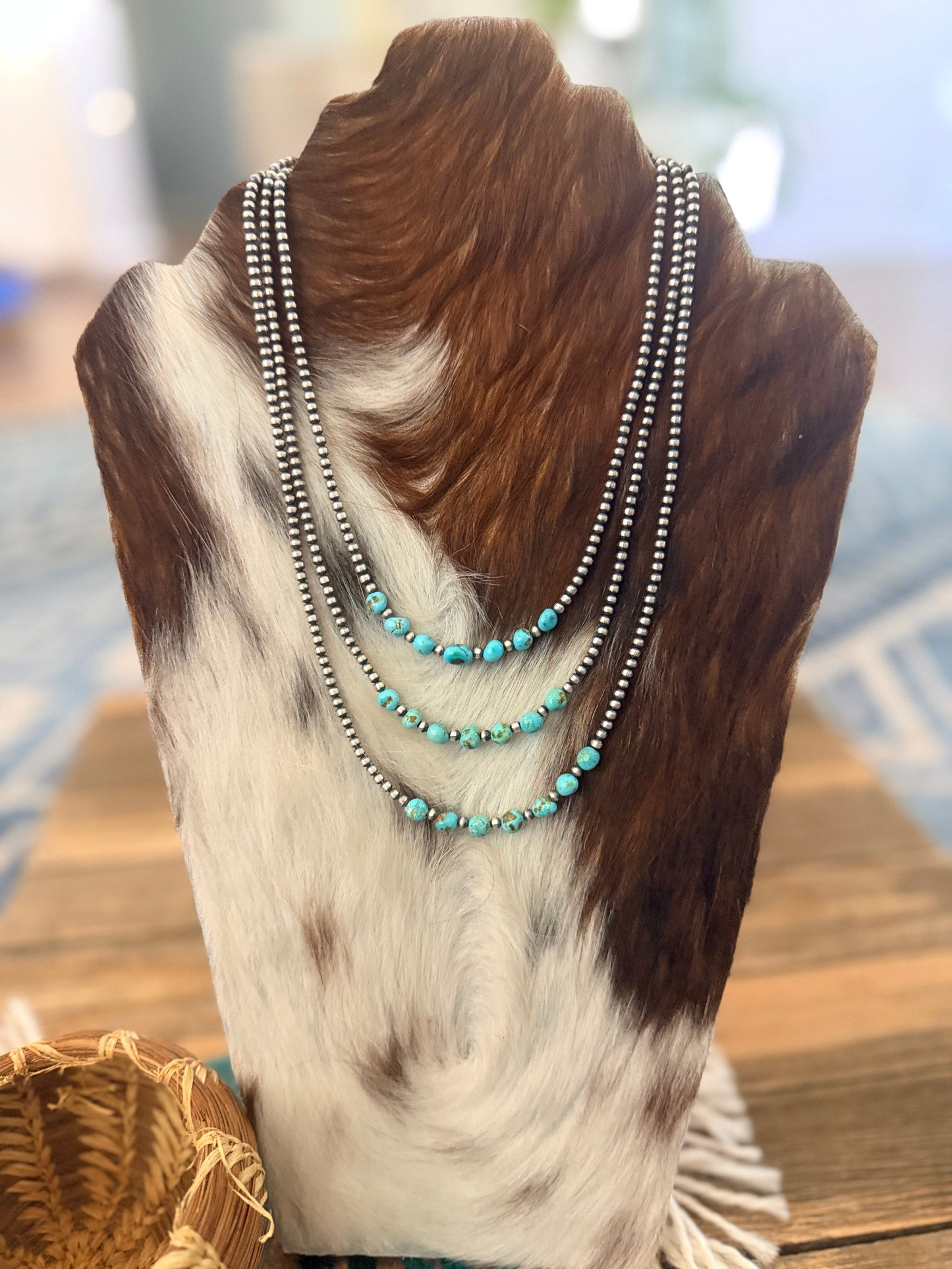 Handcrafted 7 Stone Turquoise & 3mm Sterling Silver Pearl Beaded Necklace