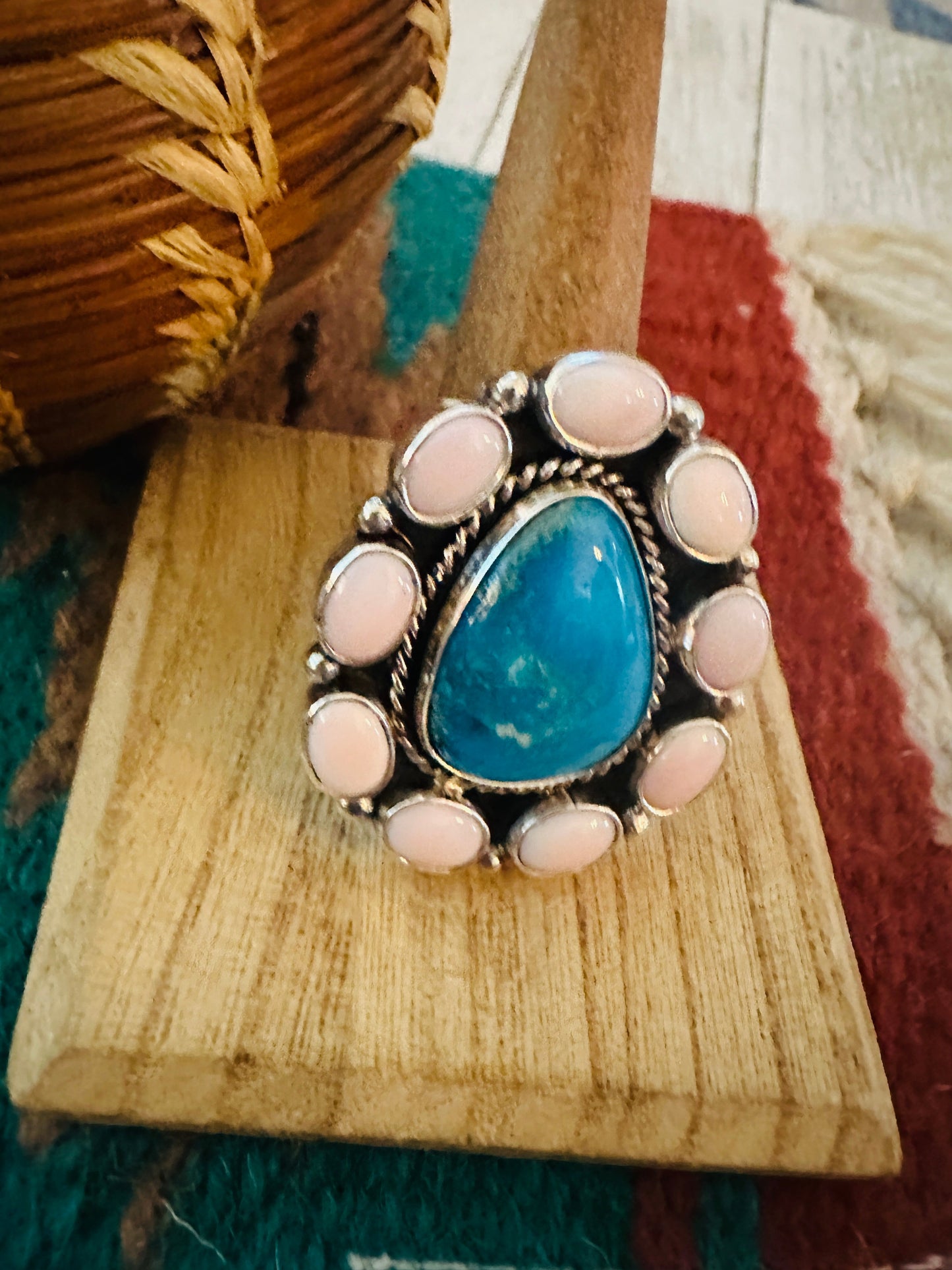 Handcrafted Sterling Silver, Queen Pink Conch & Turquoise Cluster Adjustable Ring