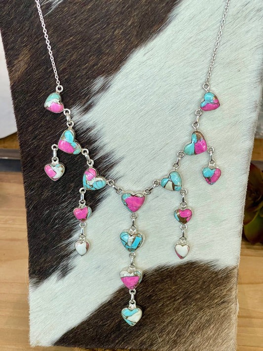 Handmade Sterling Silver Cotton Candy Turquoise Heart Drop Necklace with Signed Nizhoni