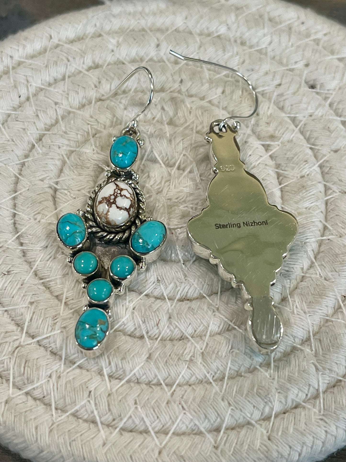 Handmade Turquoise, Wild Horse And Sterling Silver Cluster Dangle Earrings
