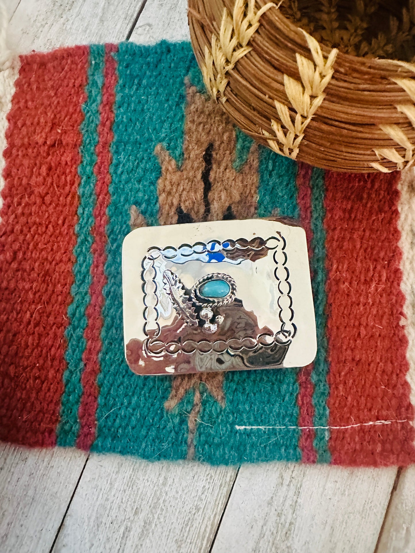 Handcrafted Turquoise & Hand Stamped Sterling Silver Belt Buckle