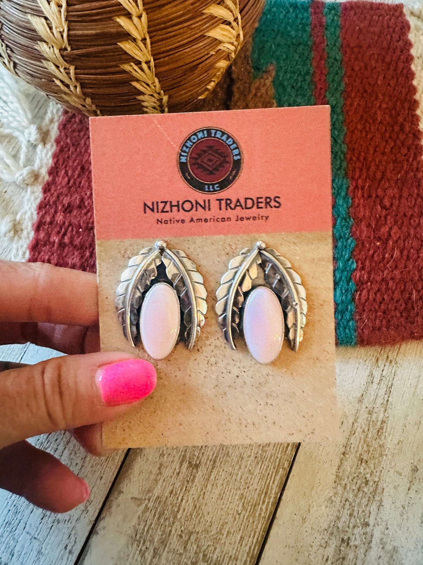 Handcrafted Sterling Silver & Queen Pink Conch Leaf Post Earrings
