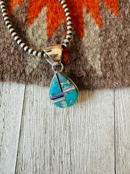 Handcrafted Multi Stone & Sterling Silver Inlay Teardrop Pendant
