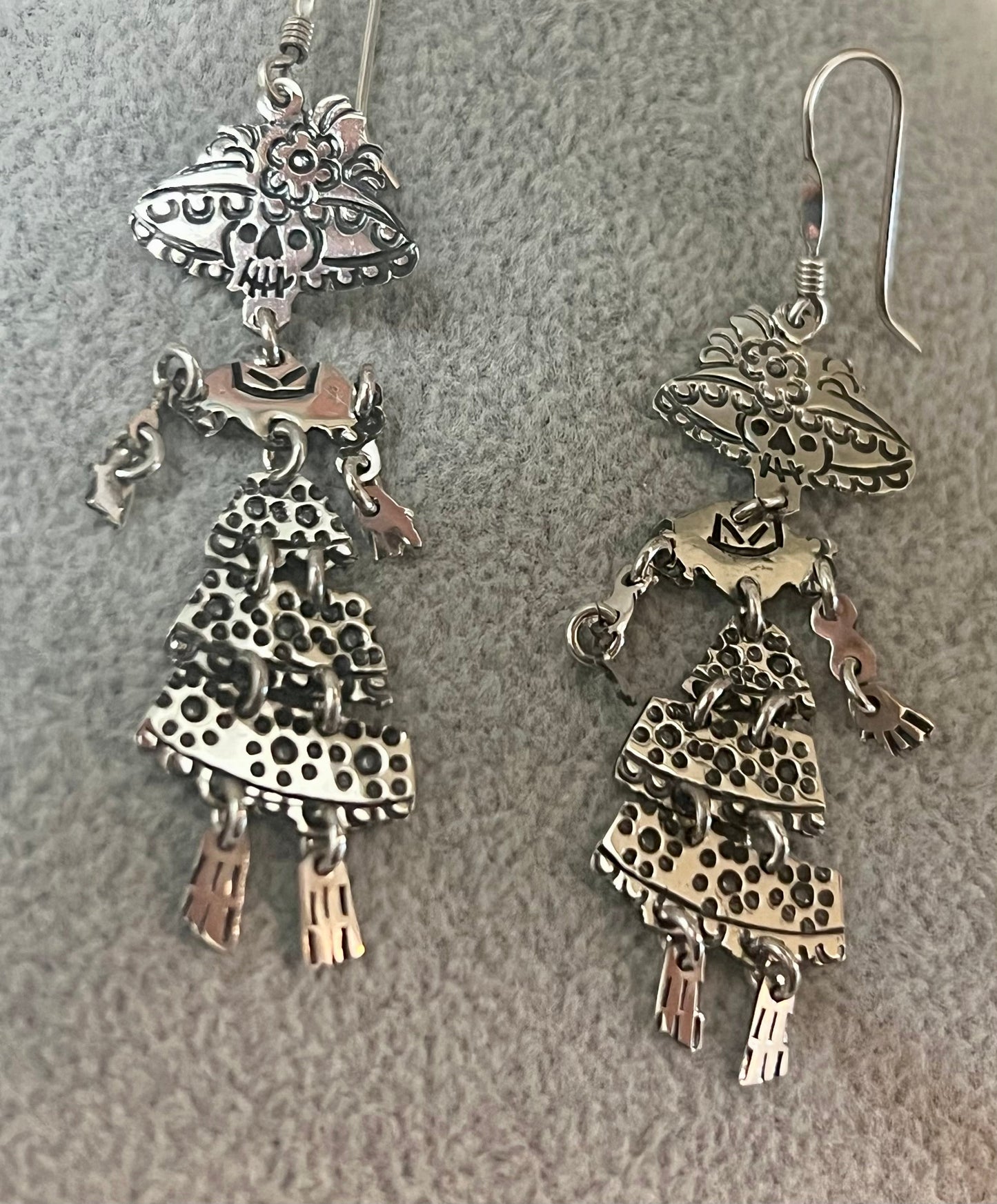 Hinged Catrina on Hook Sterling Silver Earrings