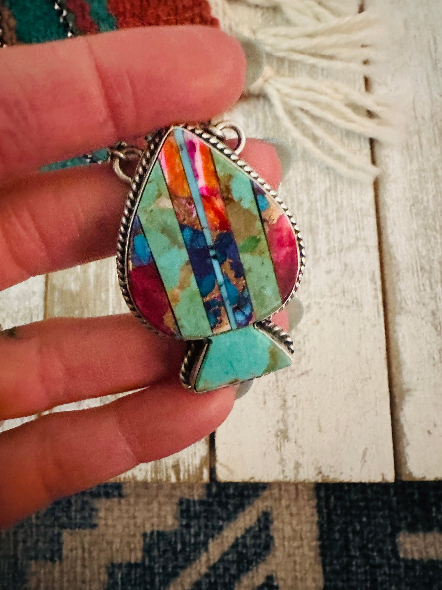 Handcrafted Sterling Silver & Multi Stone Inlay Spade Necklace