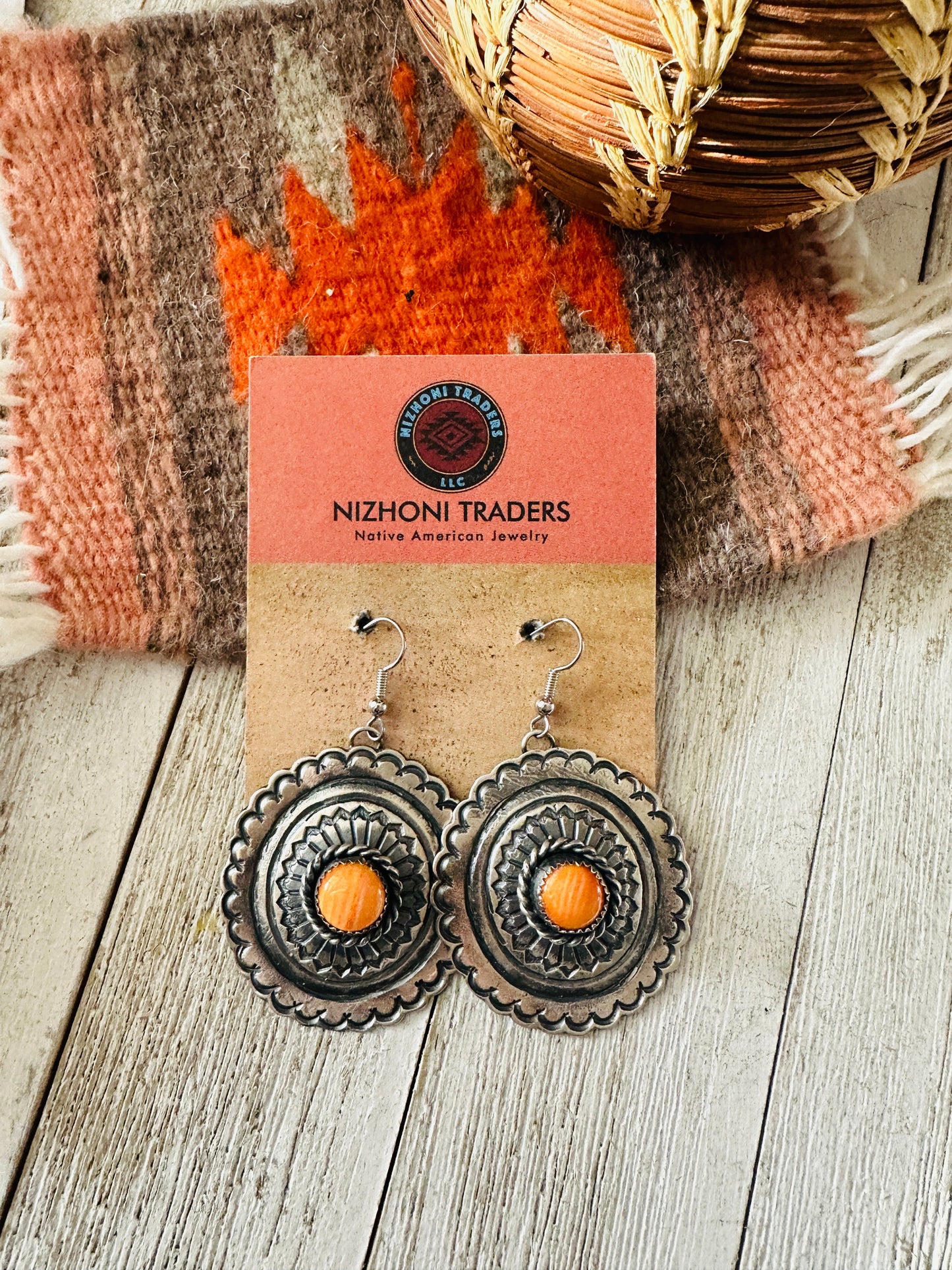 Handcrafted Orange Spiny and Sterling Silver Concho Dangle Earrings