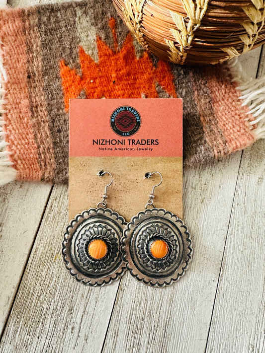 Handcrafted Orange Spiny and Sterling Silver Concho Dangle Earrings