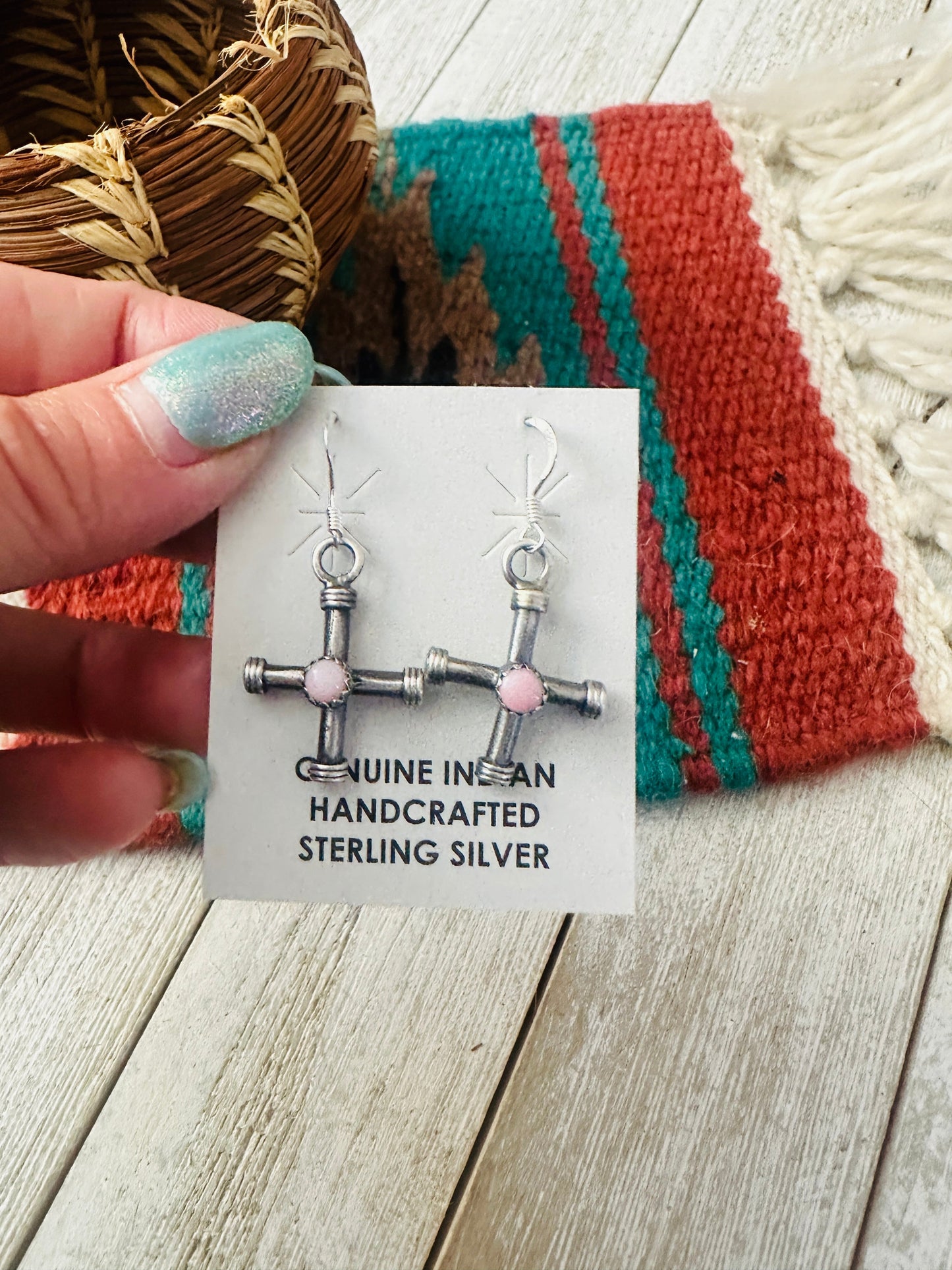 Handcrafted Sterling Silver & Queen Pink Conch Cross Dangle Earrings