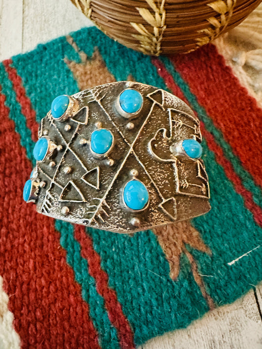 Handcrafted Turquoise & Sterling Silver Thunderbird Tufa Cast Cuff Bracelet by Delbert Arviso /