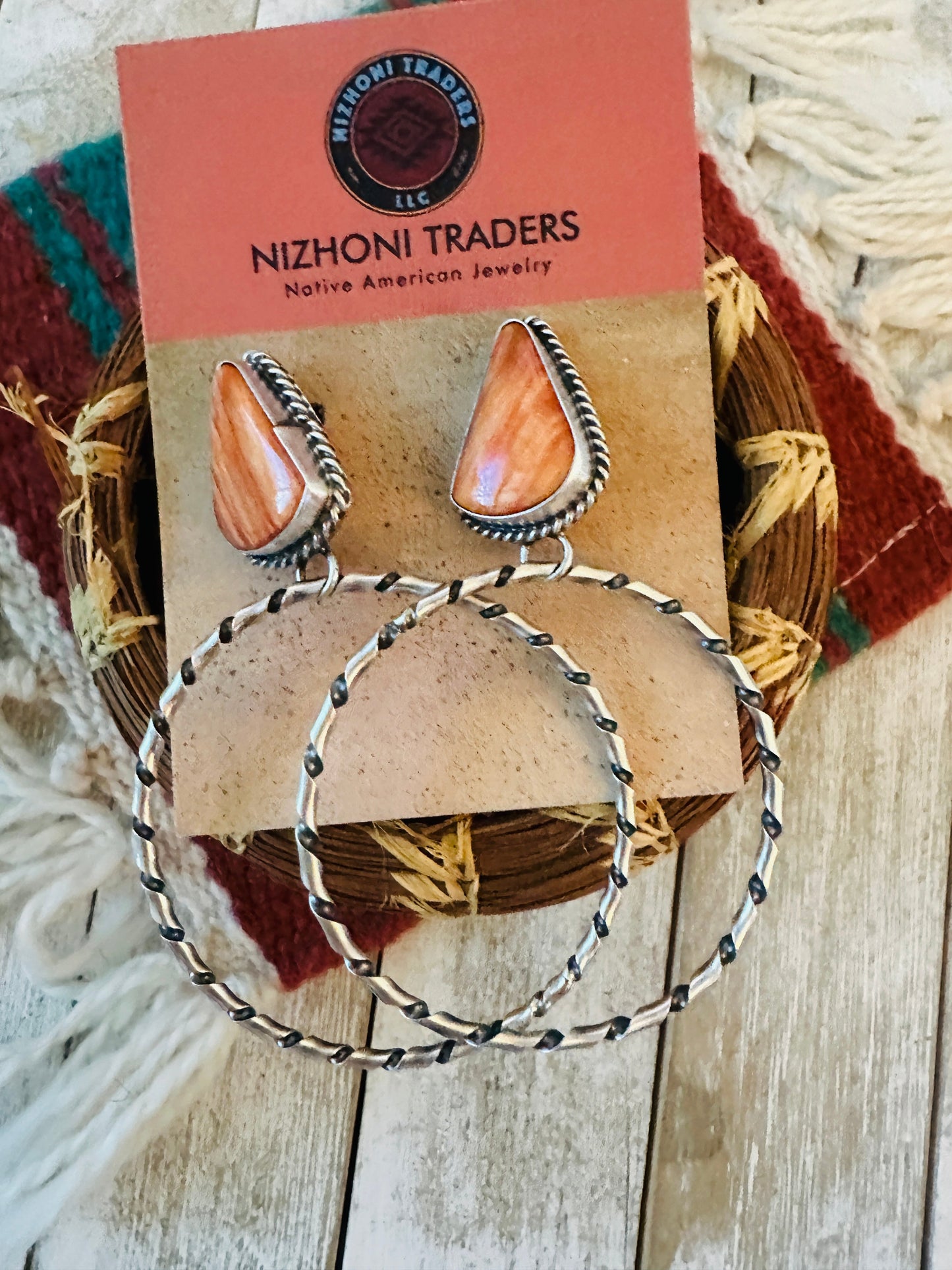 Handcrafted Orange Spiny and Sterling Silver Dangle Hoop Earrings
