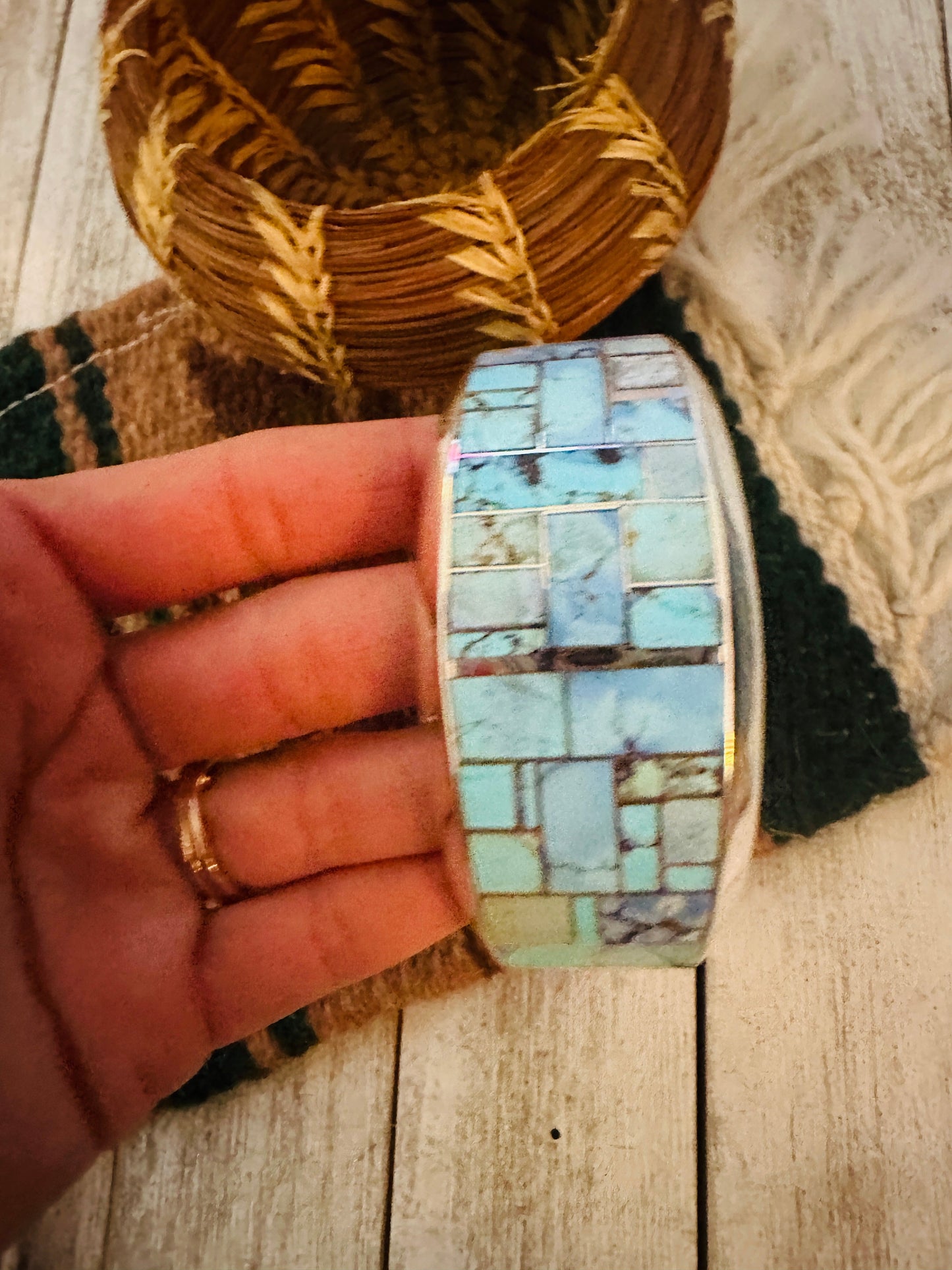 Navajo Sterling Silver & Golden Hills Turquoise Inlay Cuff Bracelet