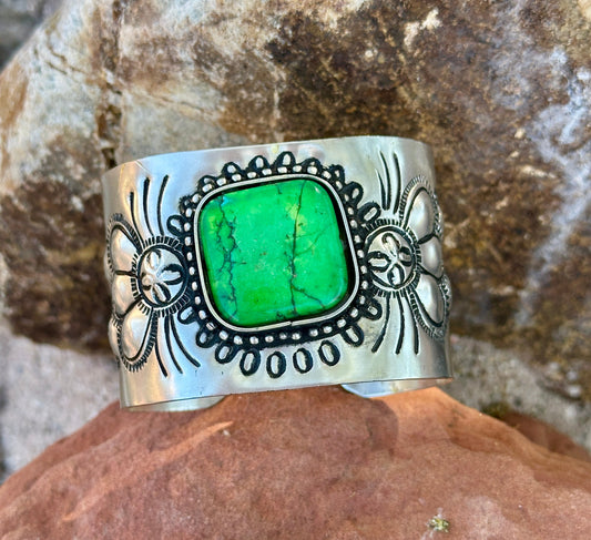 Engraved Silver Plated Cuff Bracelet with Green Stone