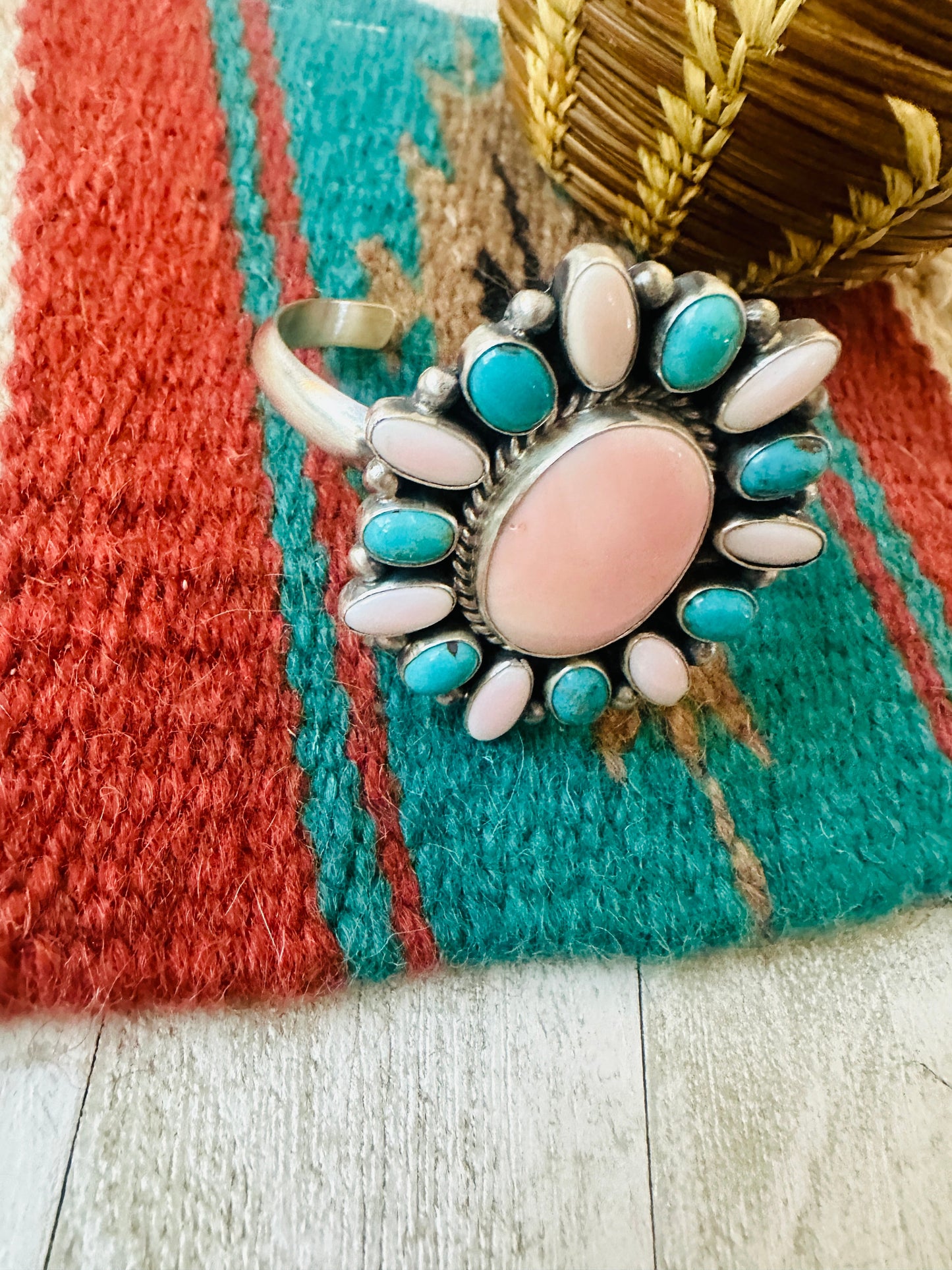 Navajo Queen Pink Conch, Turquoise & Sterling Silver Cluster Cuff Bracelet